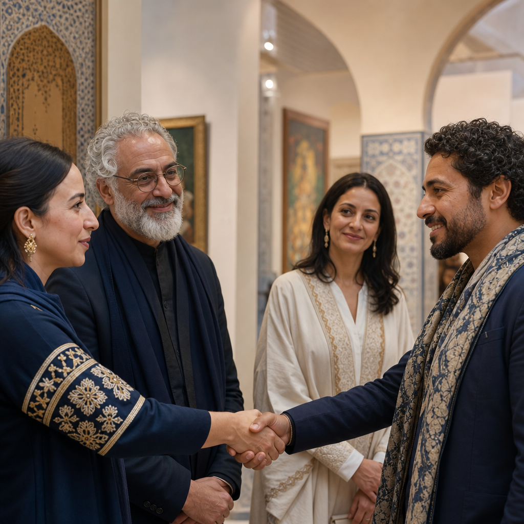 Rencontre professionnelle entre artistes dans un lieu culturel élégant